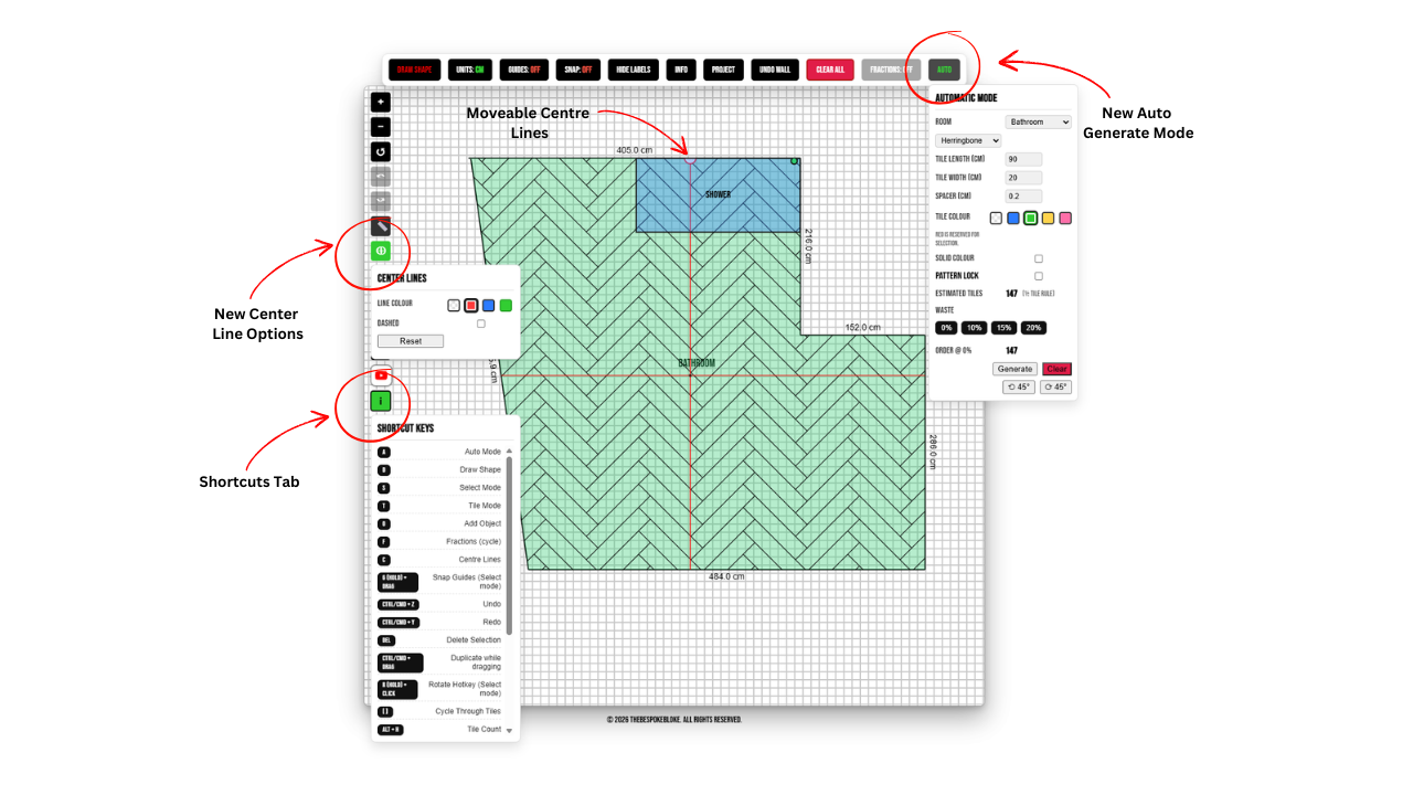 Tile Layout Pro automatic tile layout mode showing herringbone floor planning